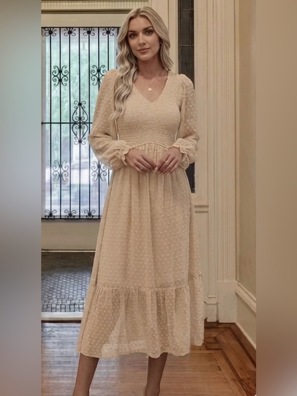 Women's Cream Swiss Dot Maxidress with Smocked Bodice